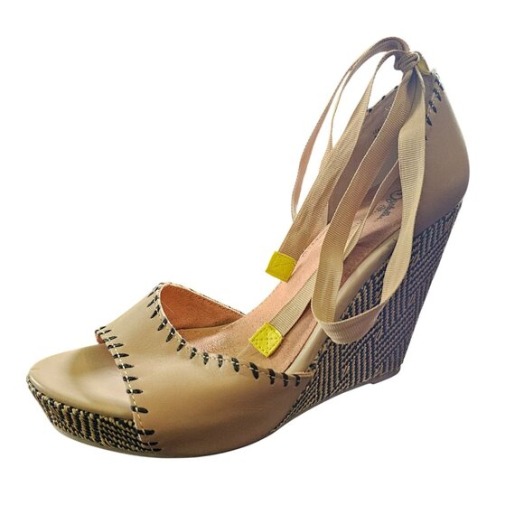 Tan Woven Wedge Heels With Ankle Tie Strap & Black Stitch Detail Womens Size 8.5 - Picture 1 of 15